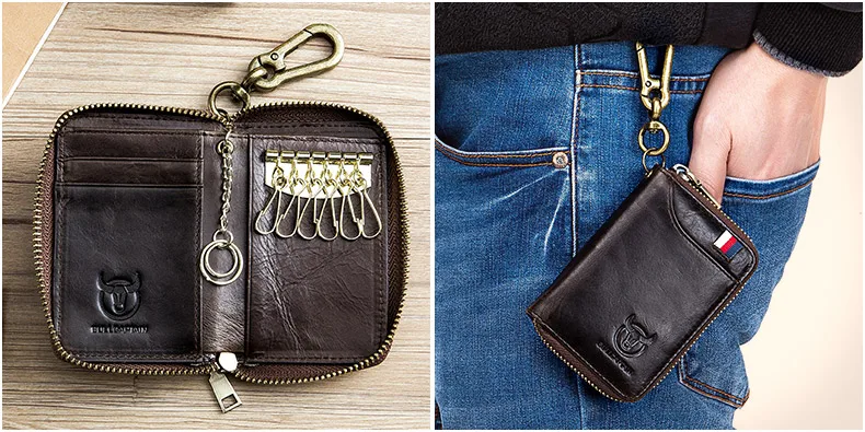 BULLCAPTAIN Genuine Leather Men's Key Card Bag High-quality Multi-function Key Box Car Key Chain Wallet Mini Card Bag Key Clip