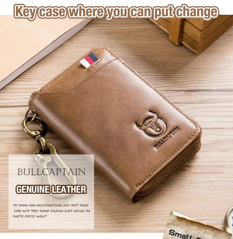BULLCAPTAIN Genuine Leather Men's Key Card Bag High-quality Multi-function Key Box Car Key Chain Wallet Mini Card Bag Key Clip