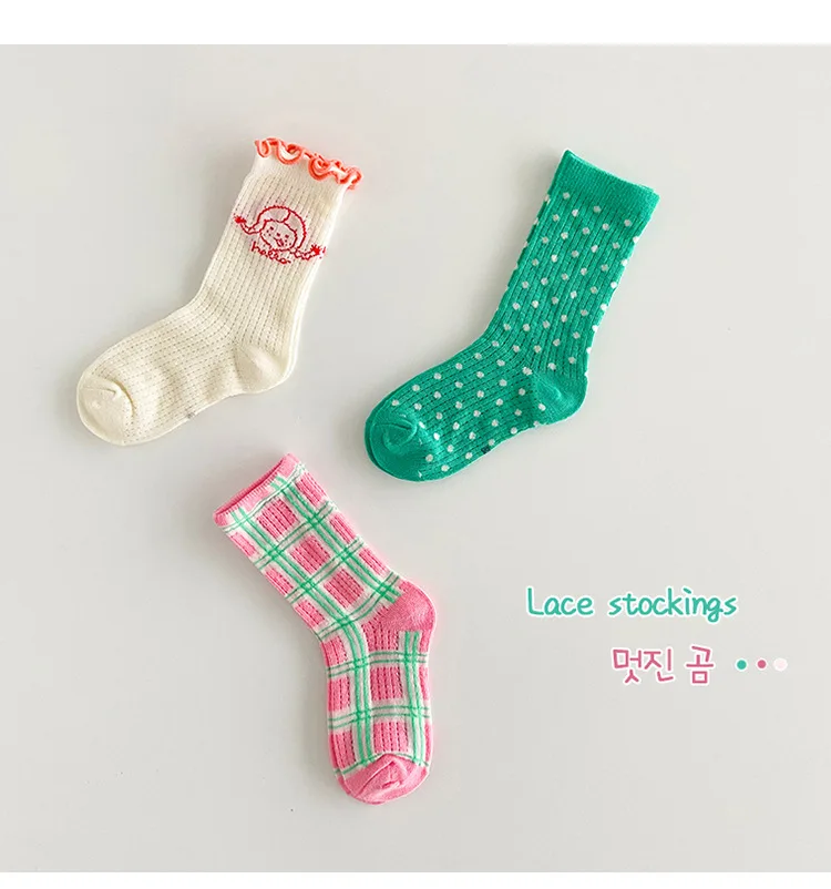 Spring Summer Socks Children Mesh Socks Kids Girls Calf Length Polka Dots Socks 3 Pairs/bag