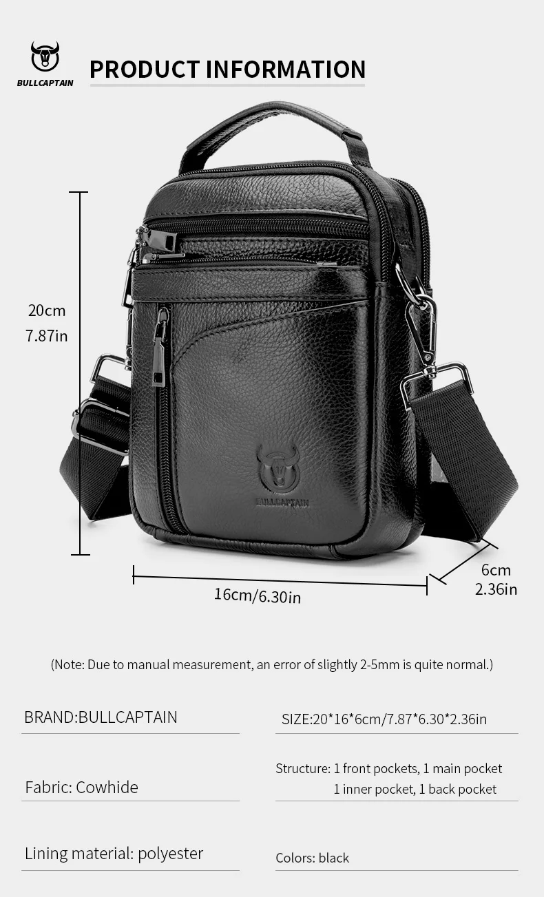 BULLCAPTAIN New Men Bag Genuine Leather Man Brand Crossbody Shoulder Bag Small Business Bags Male Messenger Leather Bags