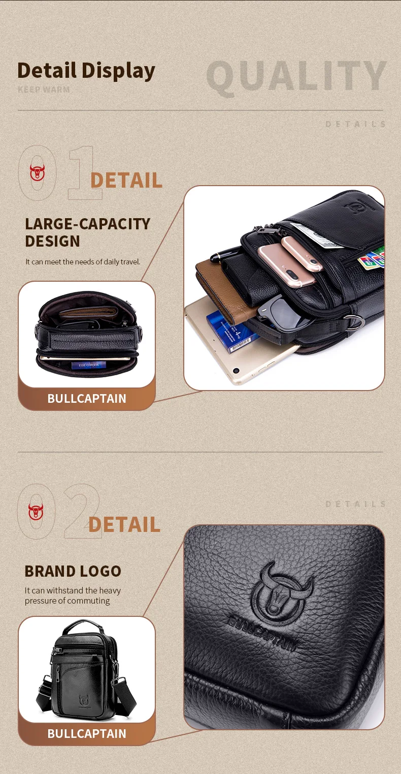 BULLCAPTAIN New Men Bag Genuine Leather Man Brand Crossbody Shoulder Bag Small Business Bags Male Messenger Leather Bags