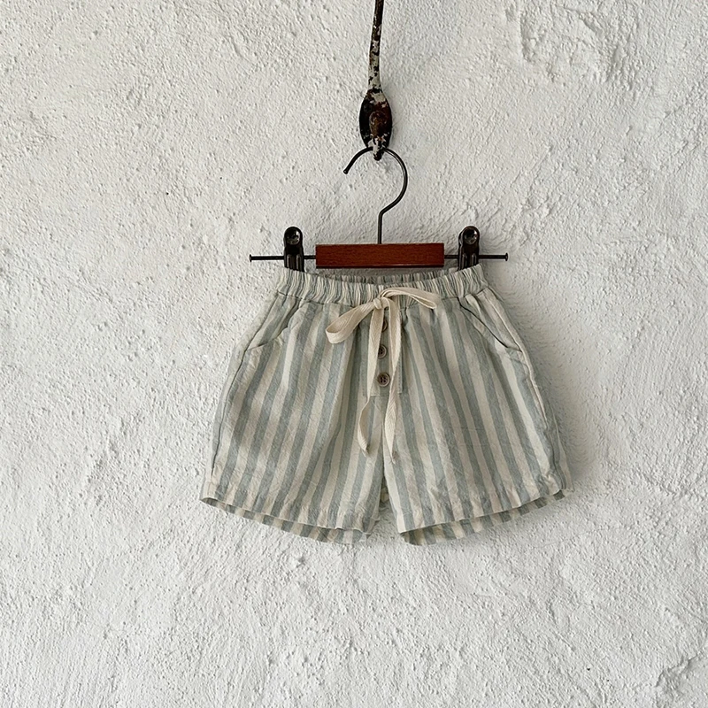 Vintage Linen Cotton Baby Boys Stripe Shorts Casual Buttons Pocket Design Baby Short Pants for Toddler Girls Clothing 0-24M