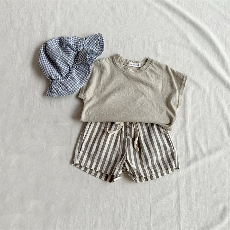 Vintage Linen Cotton Baby Boys Stripe Shorts Casual Buttons Pocket Design Baby Short Pants for Toddler Girls Clothing 0-24M