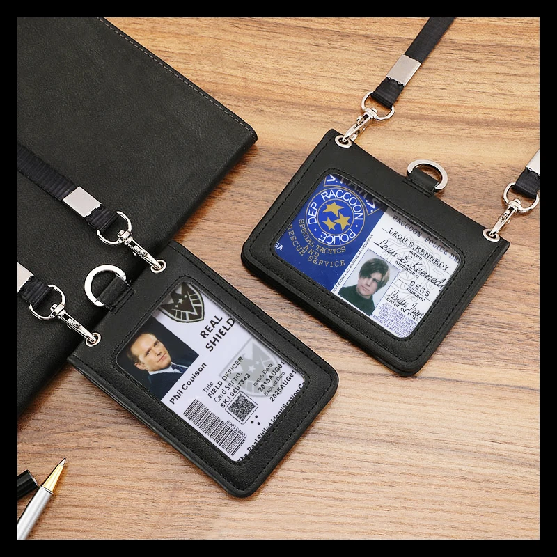 Reporter Police Badge ID Credit Card Holder Real Leather Business Name Tag Chest Card Pouch with Neck Lanyard Staff Supplies