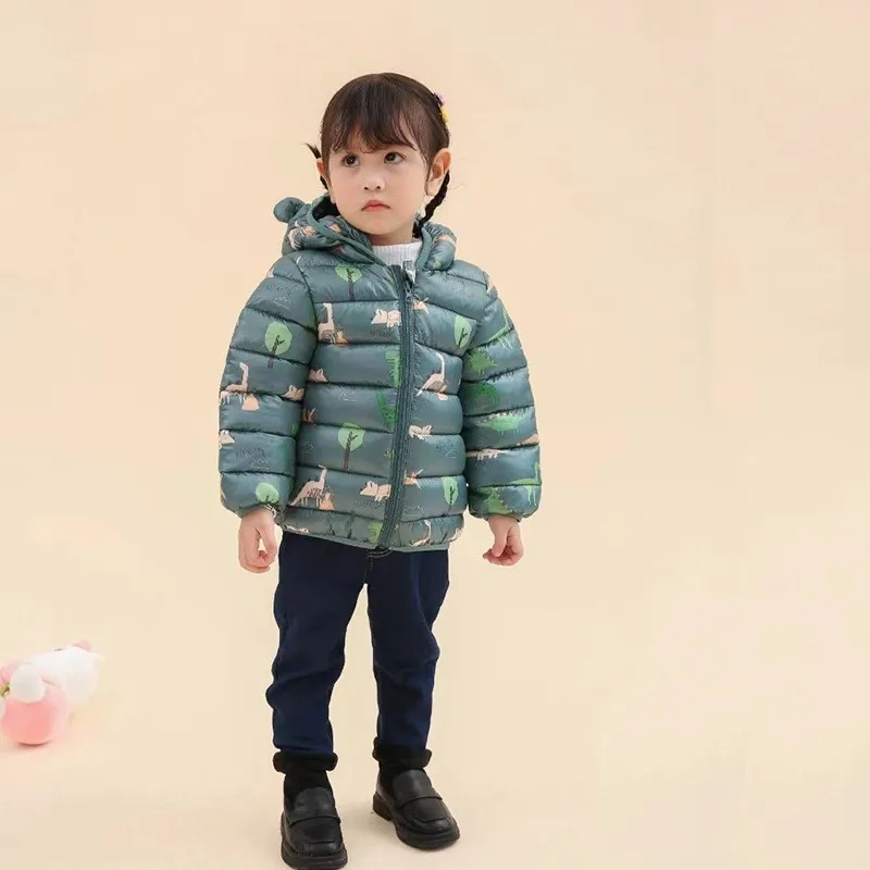 Children Boys Baby Hooded Lightweight Down Jackets Warm Outerwear Autumn Kids Girls Coats Cartoon Dinosaur Print Casual Clothing
