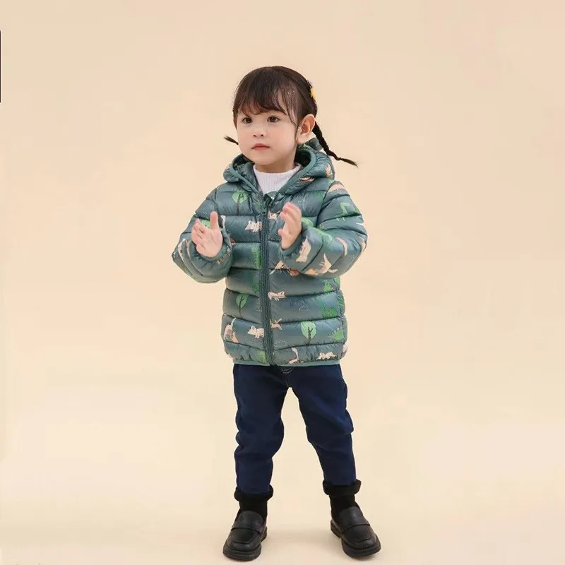 Children Boys Baby Hooded Lightweight Down Jackets Warm Outerwear Autumn Kids Girls Coats Cartoon Dinosaur Print Casual Clothing