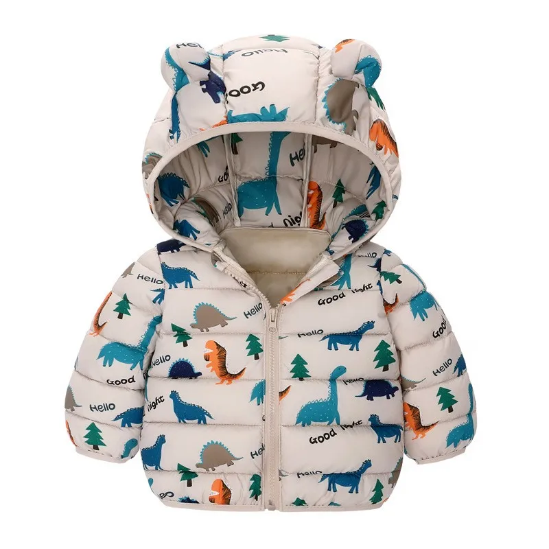 Children Boys Baby Hooded Lightweight Down Jackets Warm Outerwear Autumn Kids Girls Coats Cartoon Dinosaur Print Casual Clothing