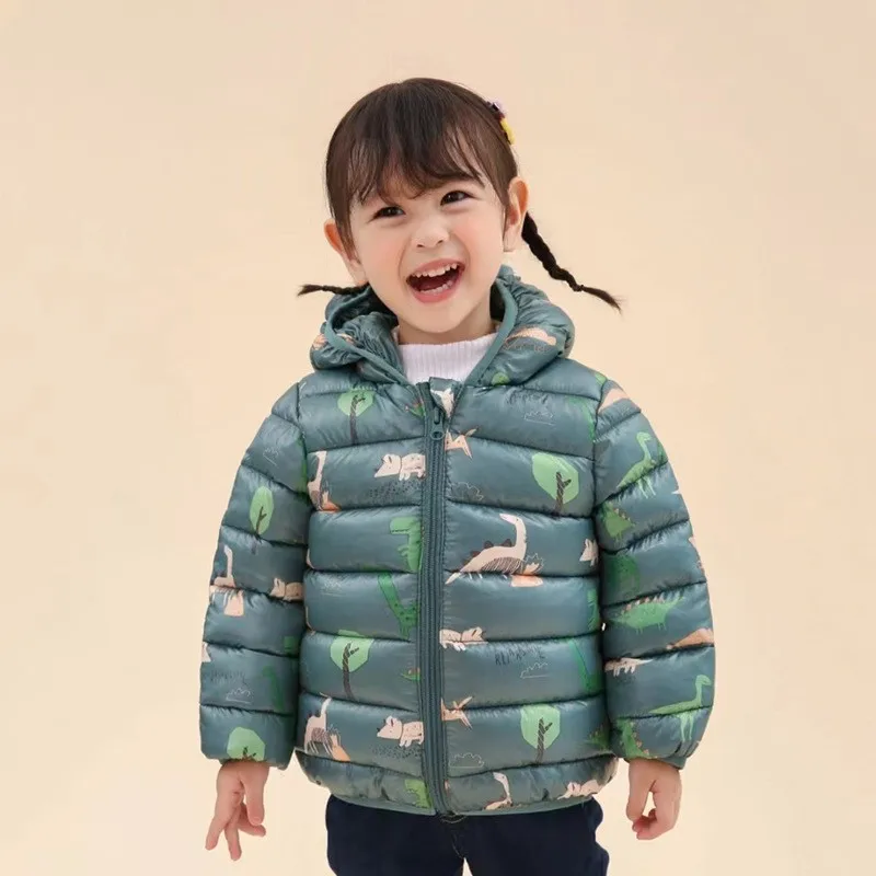 Children Boys Baby Hooded Lightweight Down Jackets Warm Outerwear Autumn Kids Girls Coats Cartoon Dinosaur Print Casual Clothing