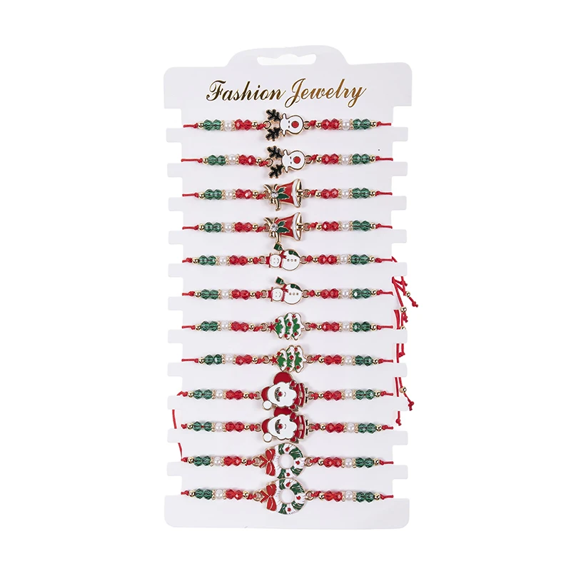 12PCS/SET Christmas Charm Bracelet Set Santa Claus Snowman Bells Elk Snowflake Rope Adjustable Bracelet for Women New Year Gift