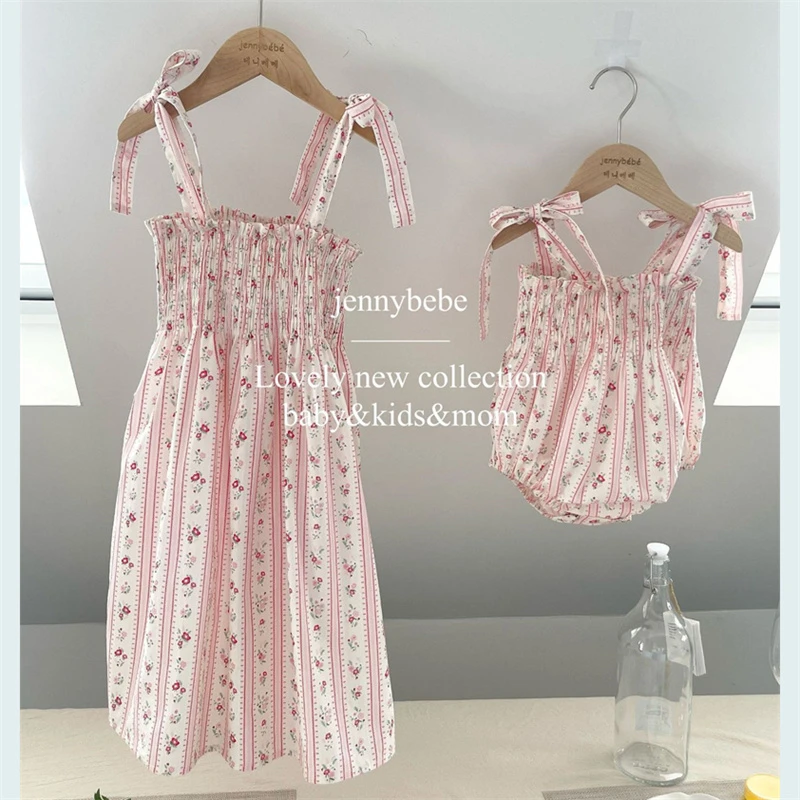 Sweet Little Girls Strap Romper Summer Cozy Cotton Floral Stripe Bowknot Jumpsuit for Toddler Girls Clothing Children Outfits