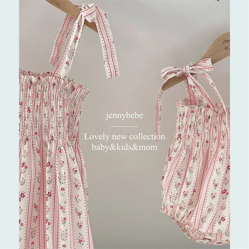 Sweet Little Girls Strap Romper Summer Cozy Cotton Floral Stripe Bowknot Jumpsuit for Toddler Girls Clothing Children Outfits