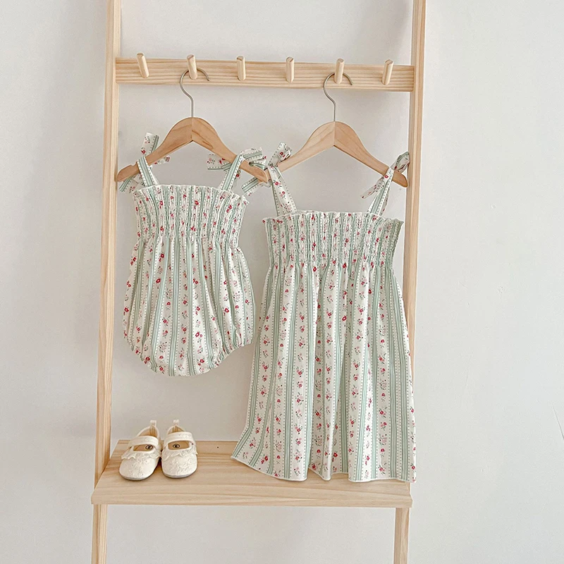 Sweet Little Girls Strap Romper Summer Cozy Cotton Floral Stripe Bowknot Jumpsuit for Toddler Girls Clothing Children Outfits