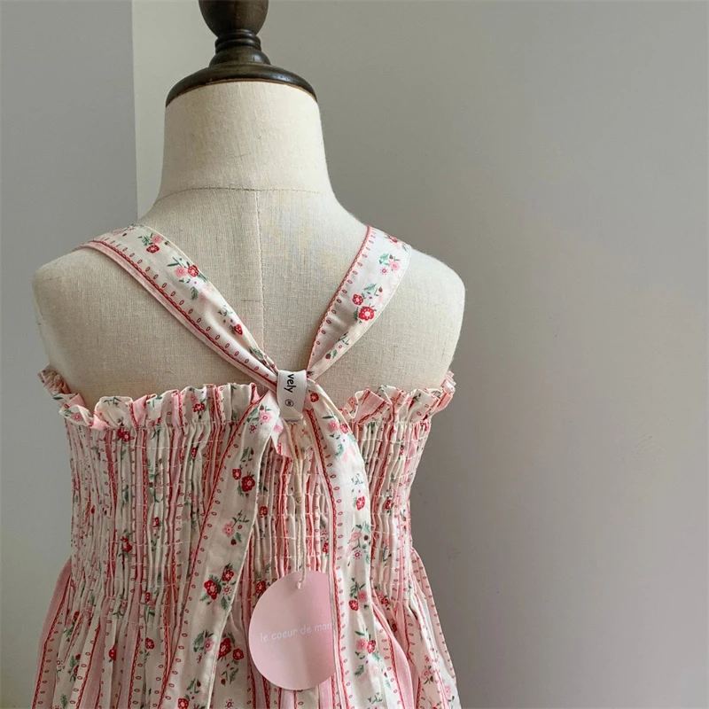 Sweet Little Girls Strap Romper Summer Cozy Cotton Floral Stripe Bowknot Jumpsuit for Toddler Girls Clothing Children Outfits
