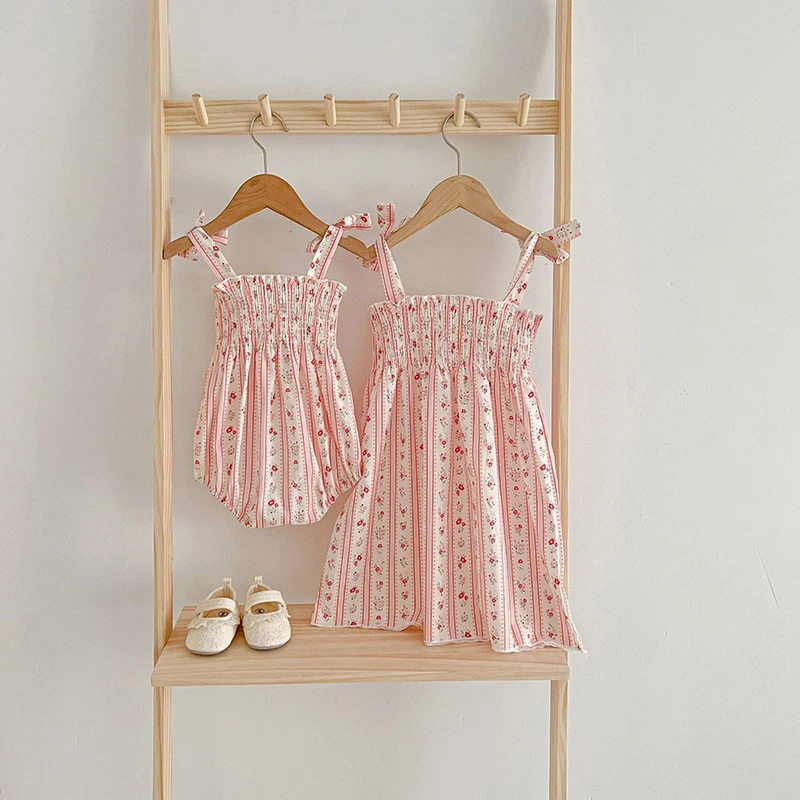 Sweet Little Girls Strap Romper Summer Cozy Cotton Floral Stripe Bowknot Jumpsuit for Toddler Girls Clothing Children Outfits