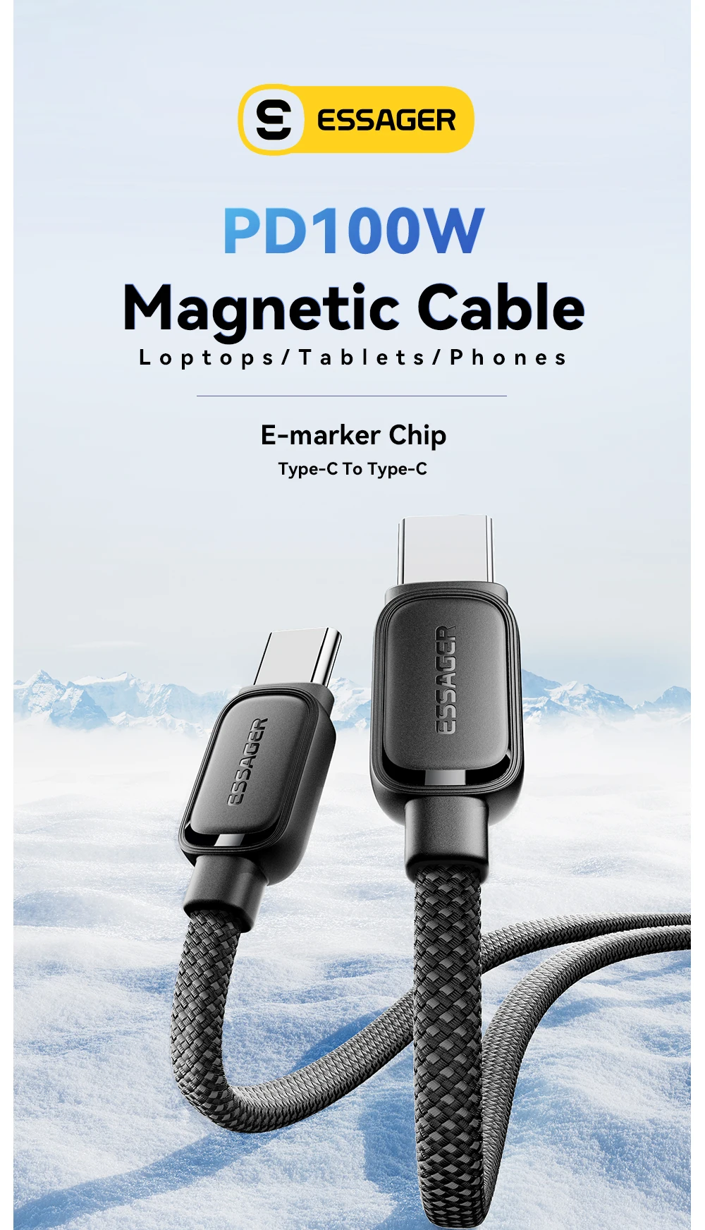 Essager PD 100W 60W Magnetic Suction Anti-Winding Type C to C Cable Fast Charge Cord Wire for Samsung Huawei Xiaomi Lenovo