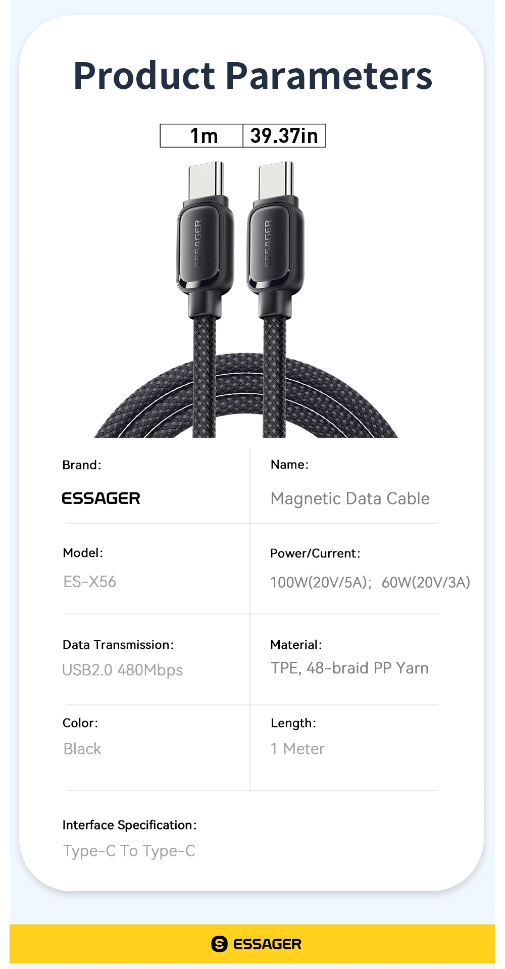 Essager PD 100W 60W Magnetic Suction Anti-Winding Type C to C Cable Fast Charge Cord Wire for Samsung Huawei Xiaomi Lenovo