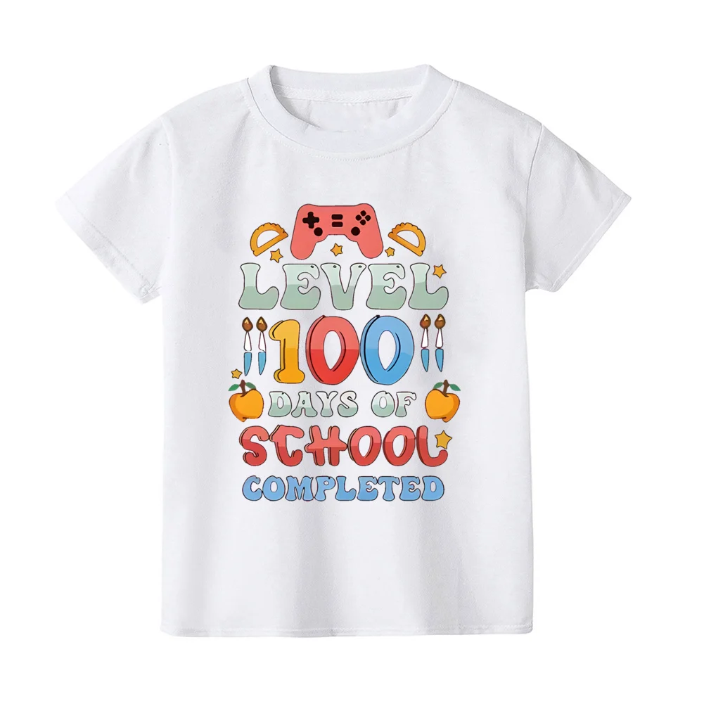 Level 100 Days of School Completed T-Shirt for Kids Short Sleeve Crew Neck Tee Tops Best Gift To Child Summer Clothes
