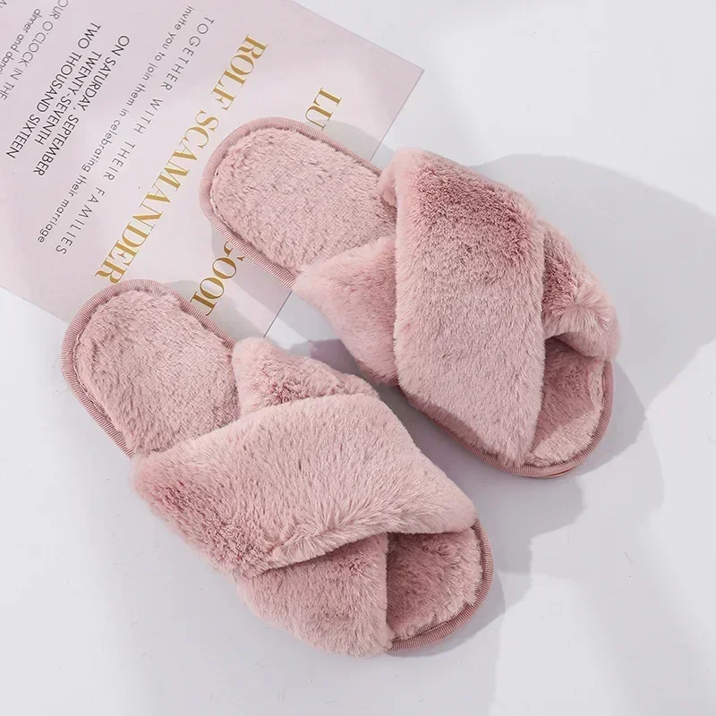 Winter Women House Slippers Faux Fur Fashion Warm Shoes Woman Slip on Flats Female Slides Black Pink cozy home furry slippers