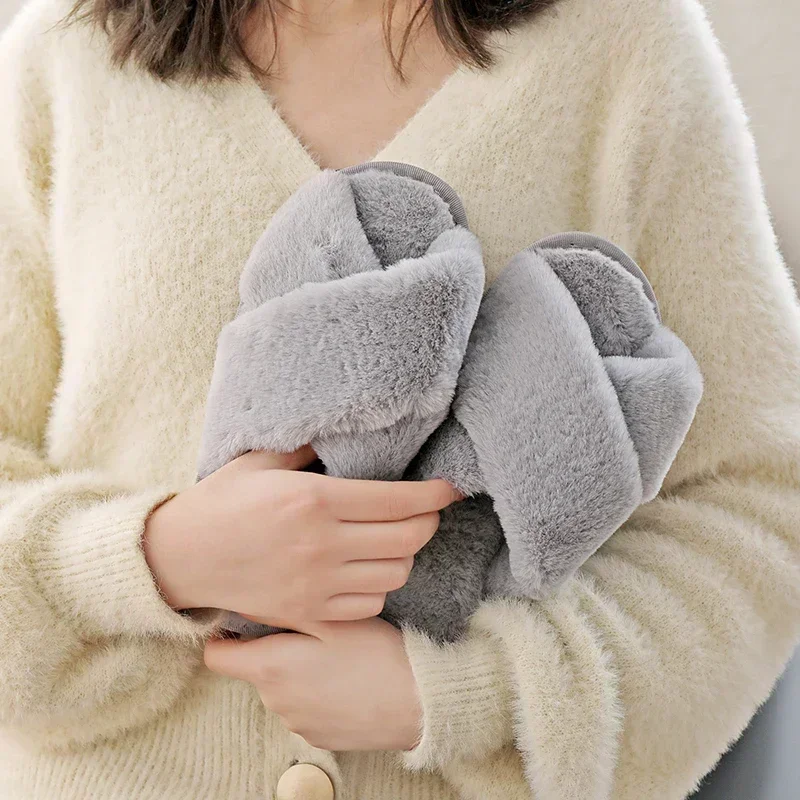 Winter Women House Slippers Faux Fur Fashion Warm Shoes Woman Slip on Flats Female Slides Black Pink cozy home furry slippers