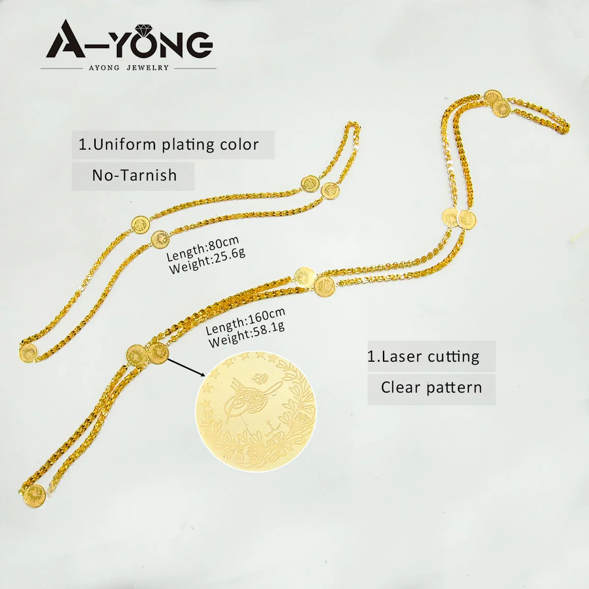 Luxury Arabic Long Necklace 21k Gold Plated 80cm 160cm Italian Vintage Chains Dubai Muslim Women Wedding Party Jewelry Gifts