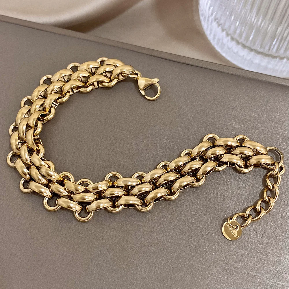 Trendy Stainless Steel Chunky Thick Chain Bracelet for Women Punk Statement Glossy Multilayer Link Bracelets Wristband Jewelry