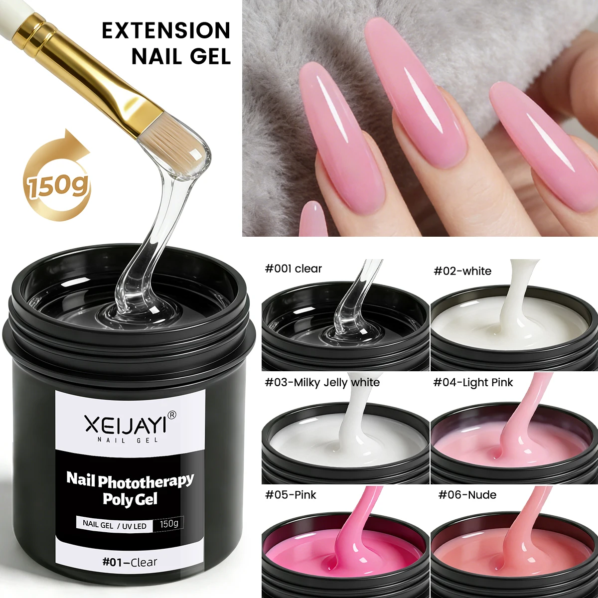 XEIJAYI 150g Poly Nail Gel UV LED Cured Builder Nail Gel Crystal Nail Extension Gel For Nails DIY At Home Salon