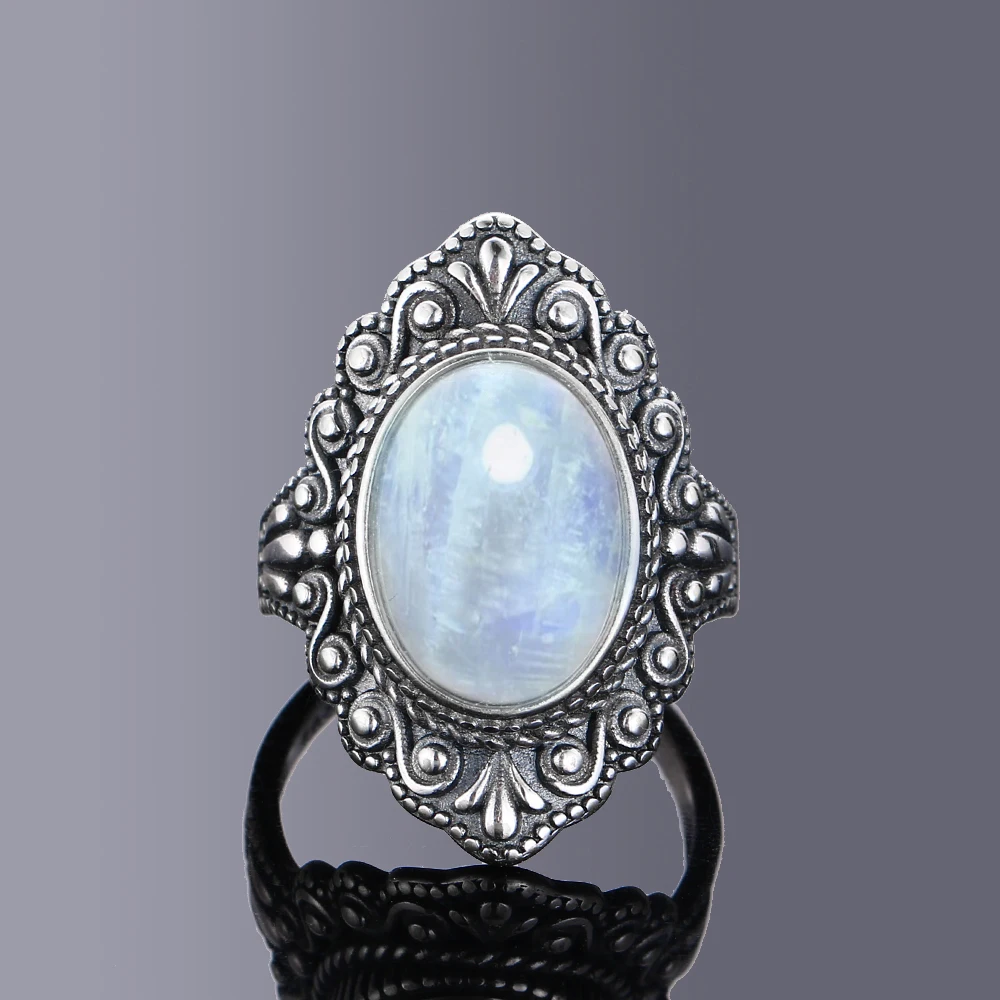 Round Oval Big Natural Moonstones Rings Women's Silver Plated Rings Gifts Vintage Fine Jewelry