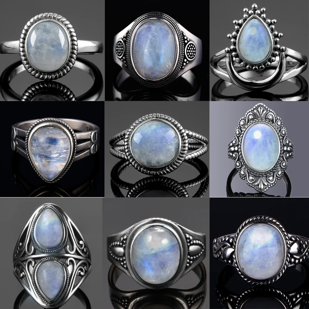 Round Oval Big Natural Moonstones Rings Women's Silver Plated Rings Gifts Vintage Fine Jewelry