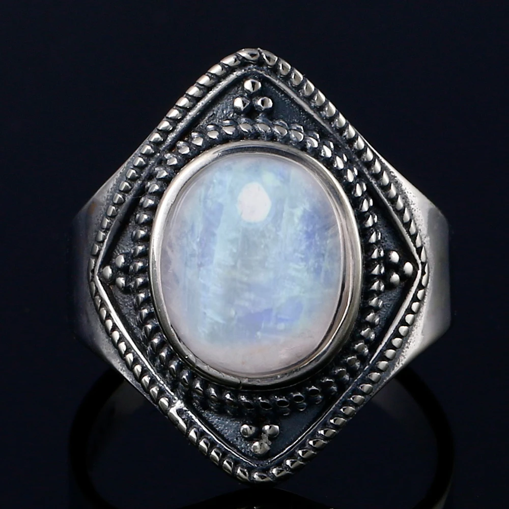 Round Oval Big Natural Moonstones Rings Women's Silver Plated Rings Gifts Vintage Fine Jewelry