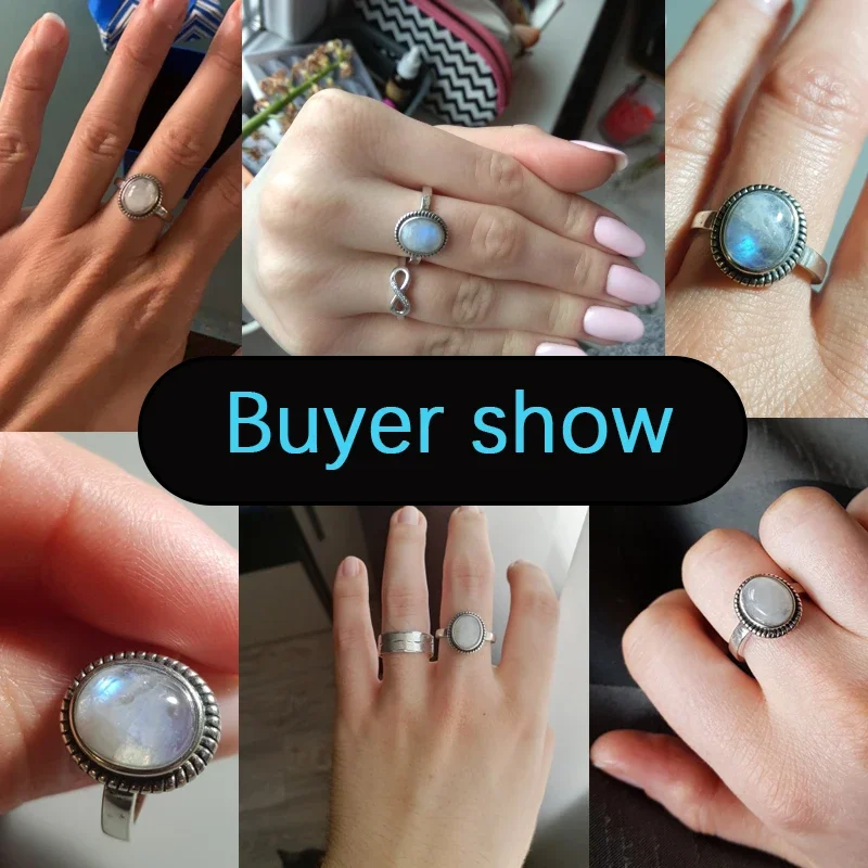 Round Oval Big Natural Moonstones Rings Women's Silver Plated Rings Gifts Vintage Fine Jewelry
