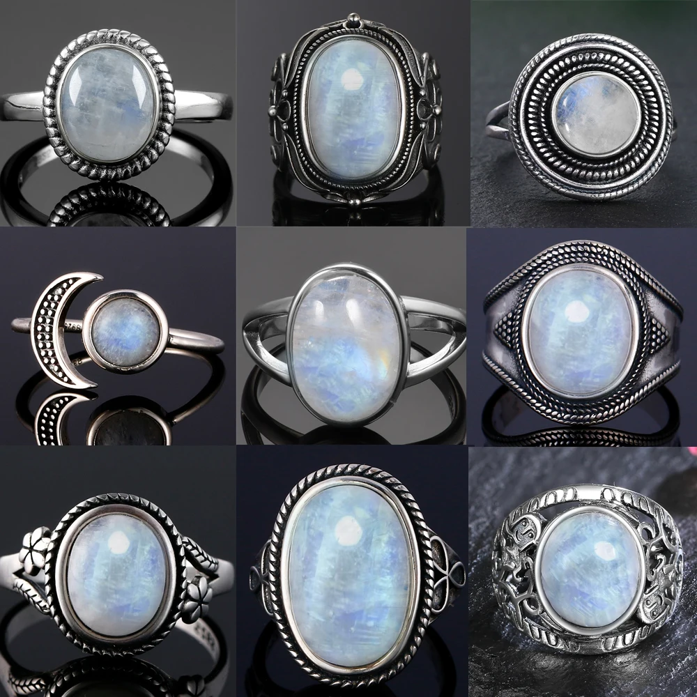 Round Oval Big Natural Moonstones Rings Women's Silver Plated Rings Gifts Vintage Fine Jewelry
