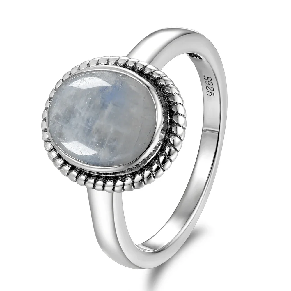 Round Oval Big Natural Moonstones Rings Women's Silver Plated Rings Gifts Vintage Fine Jewelry