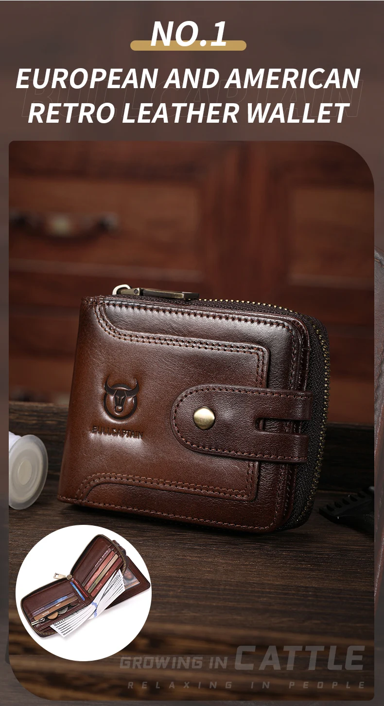 BULLCAPTAIN Men's Genuine Leather Wallet Business Casual RFID Antimagnetic Coin Card Holder Multifunctional Zipper Cash Clip