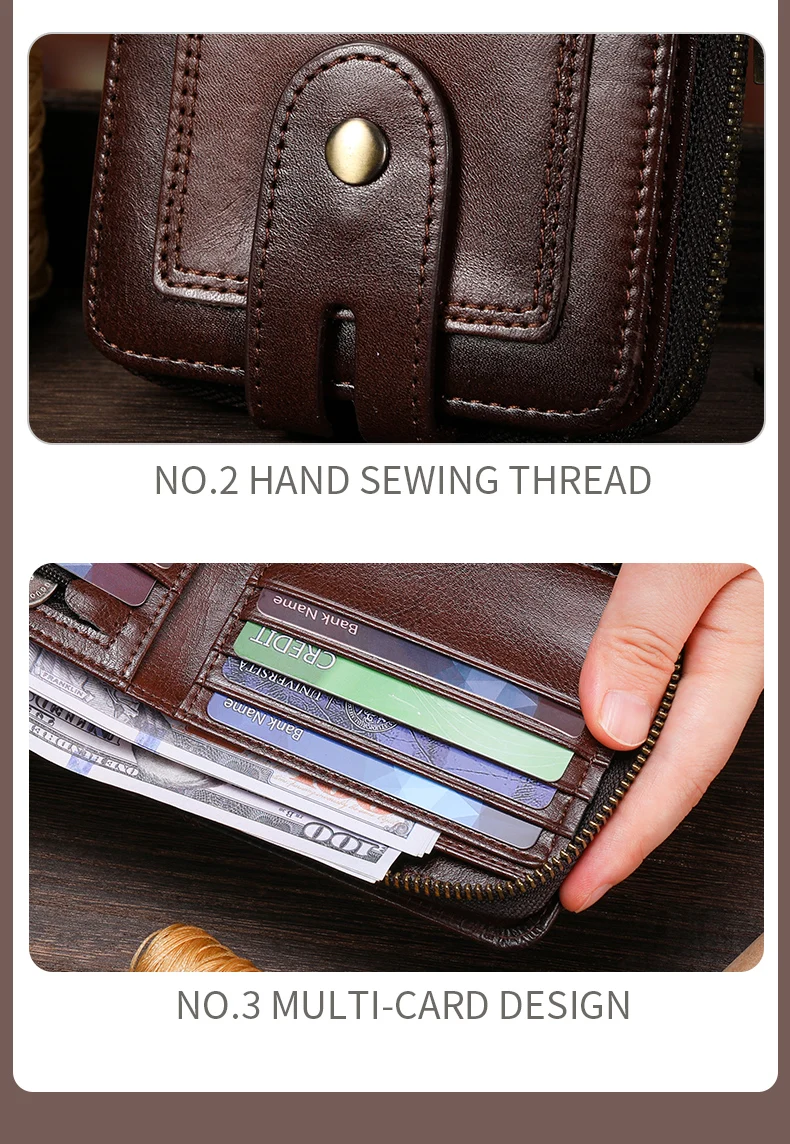 BULLCAPTAIN Men's Genuine Leather Wallet Business Casual RFID Antimagnetic Coin Card Holder Multifunctional Zipper Cash Clip