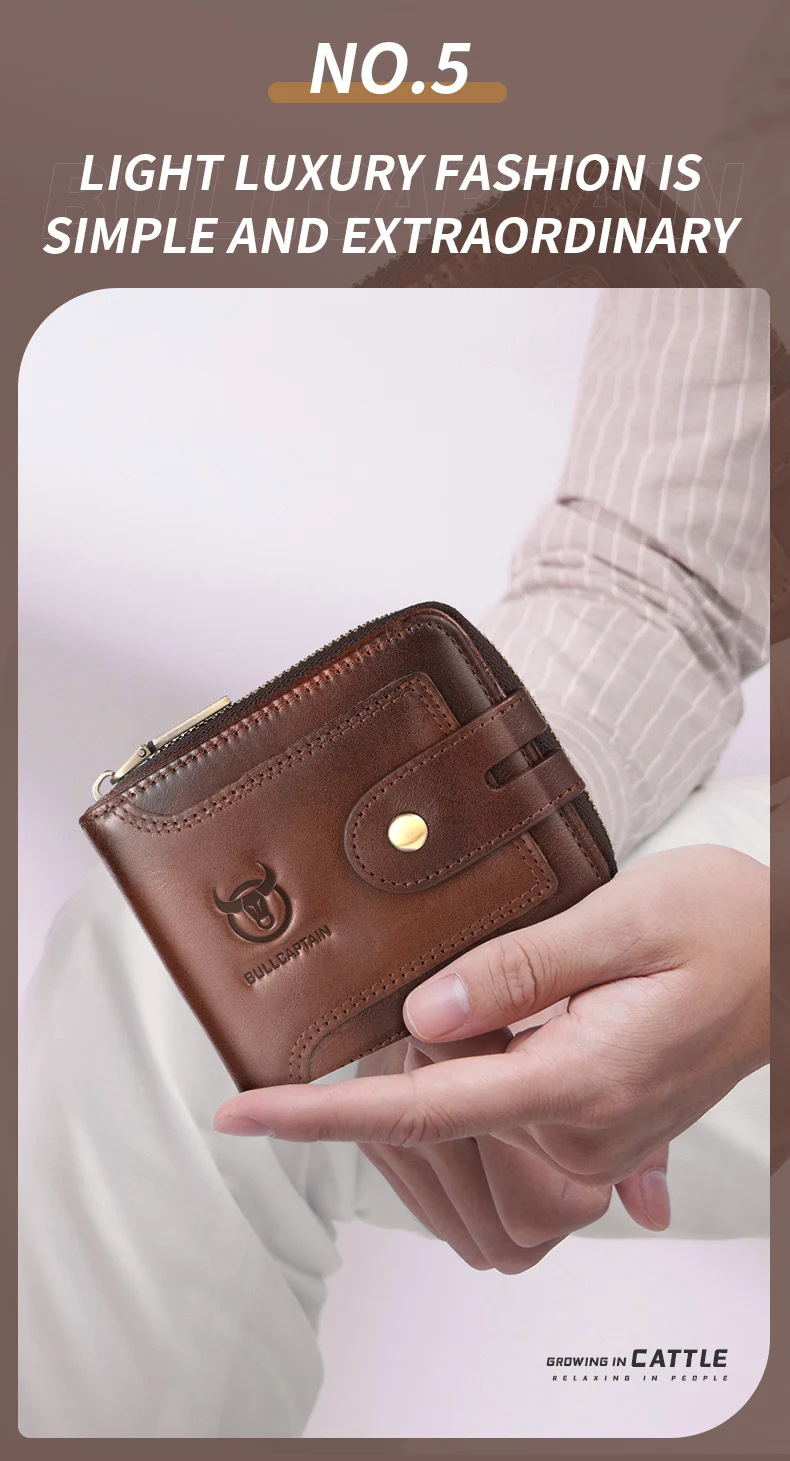 BULLCAPTAIN Men's Genuine Leather Wallet Business Casual RFID Antimagnetic Coin Card Holder Multifunctional Zipper Cash Clip