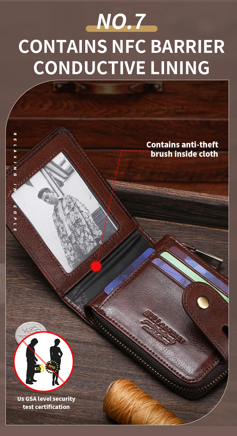 BULLCAPTAIN Men's Genuine Leather Wallet Business Casual RFID Antimagnetic Coin Card Holder Multifunctional Zipper Cash Clip