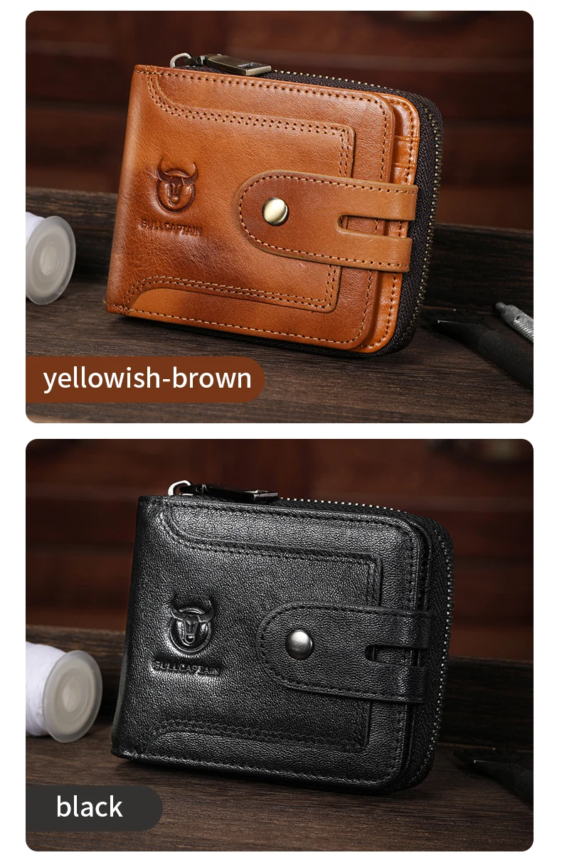 BULLCAPTAIN Men's Genuine Leather Wallet Business Casual RFID Antimagnetic Coin Card Holder Multifunctional Zipper Cash Clip