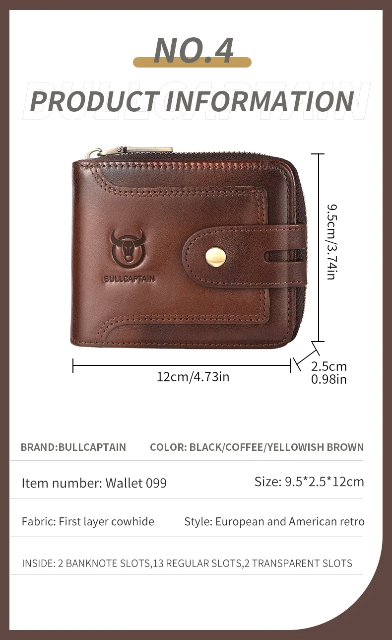 BULLCAPTAIN Men's Genuine Leather Wallet Business Casual RFID Antimagnetic Coin Card Holder Multifunctional Zipper Cash Clip