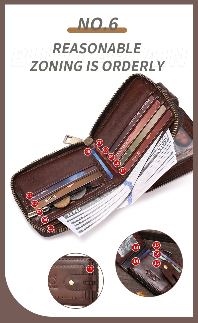 BULLCAPTAIN Men's Genuine Leather Wallet Business Casual RFID Antimagnetic Coin Card Holder Multifunctional Zipper Cash Clip