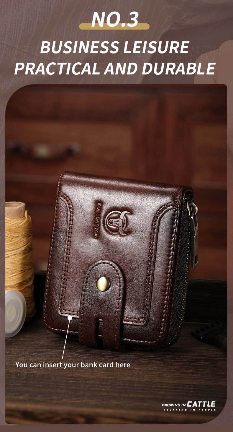 BULLCAPTAIN Men's Genuine Leather Wallet Business Casual RFID Antimagnetic Coin Card Holder Multifunctional Zipper Cash Clip