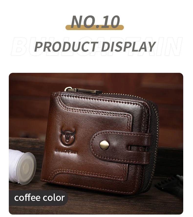 BULLCAPTAIN Men's Genuine Leather Wallet Business Casual RFID Antimagnetic Coin Card Holder Multifunctional Zipper Cash Clip