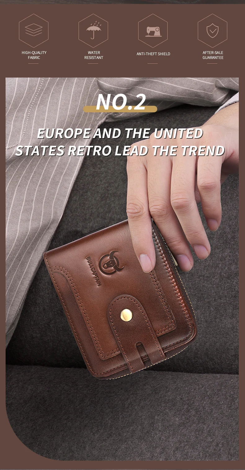 BULLCAPTAIN Men's Genuine Leather Wallet Business Casual RFID Antimagnetic Coin Card Holder Multifunctional Zipper Cash Clip