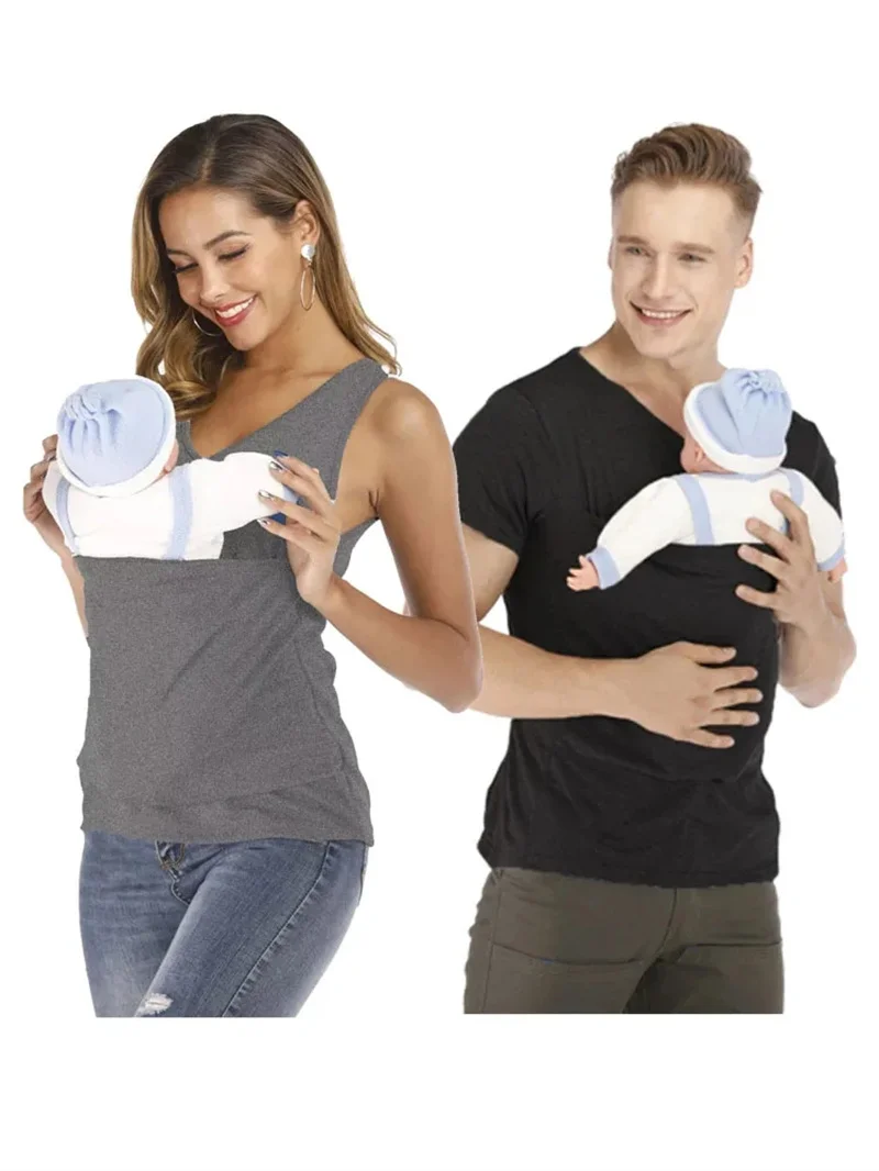 Kangaroo Safety Pocket T-Shirt Baby Summer Pregnancy Carrier Feeding Nylon Cotton Clothing Father Mother Short Sleeves Tops