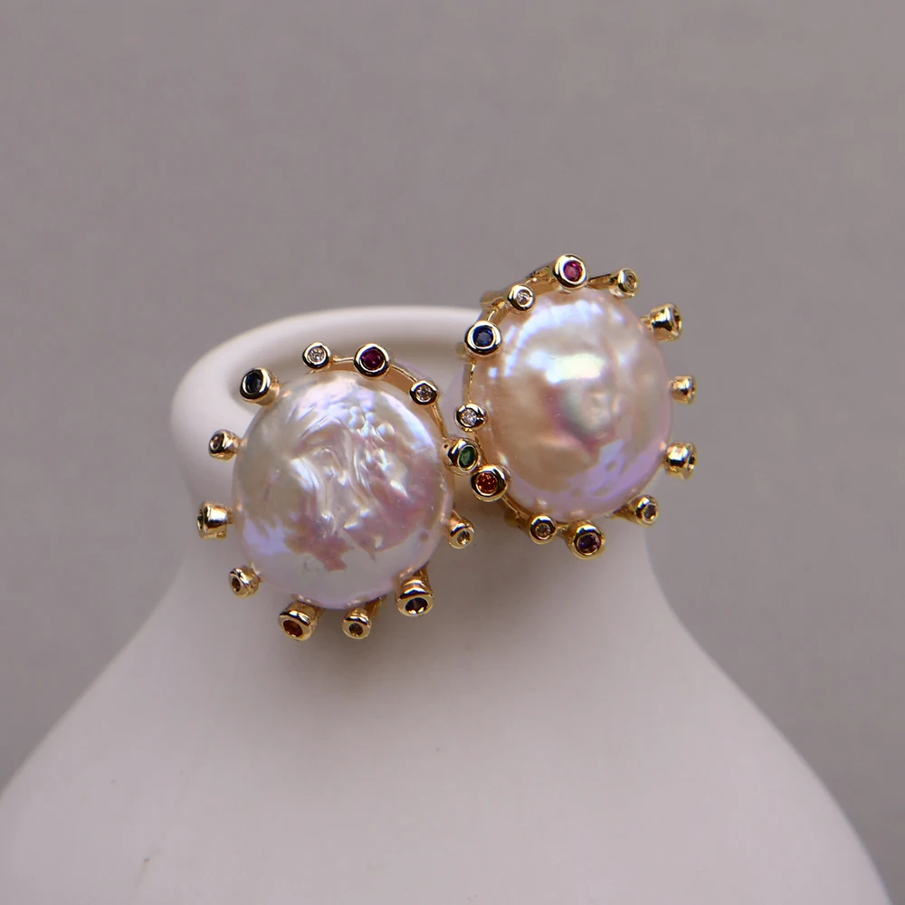 GG Cultured White Coin Keshi Pearl Stud Earrings CZ Pave Gold Plated Earring For Women Valentines Day Jewelry