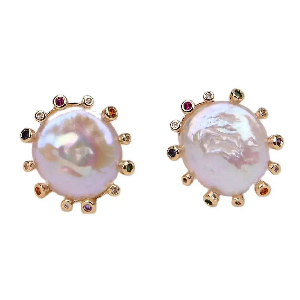 GG Cultured White Coin Keshi Pearl Stud Earrings CZ Pave Gold Plated Earring For Women Valentines Day Jewelry