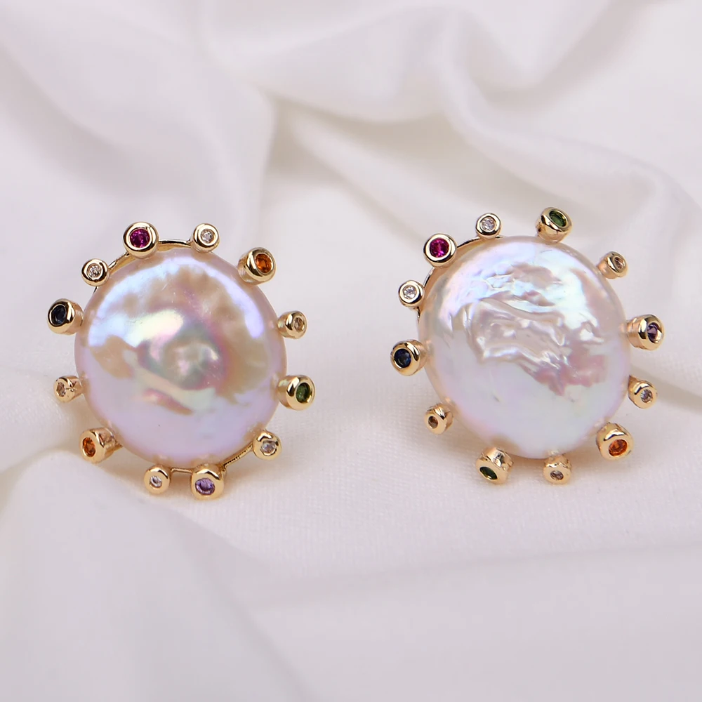 GG Cultured White Coin Keshi Pearl Stud Earrings CZ Pave Gold Plated Earring For Women Valentines Day Jewelry