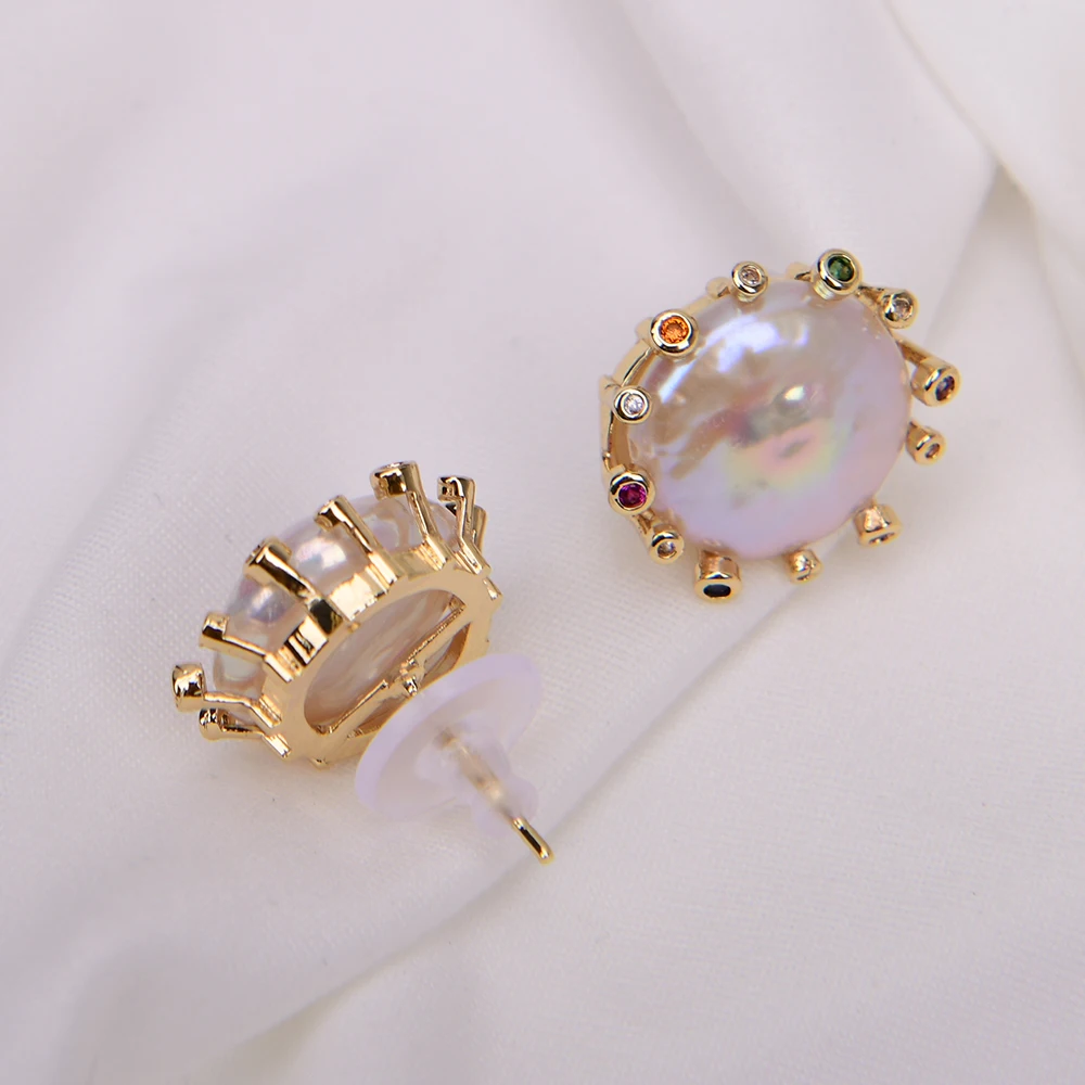 GG Cultured White Coin Keshi Pearl Stud Earrings CZ Pave Gold Plated Earring For Women Valentines Day Jewelry