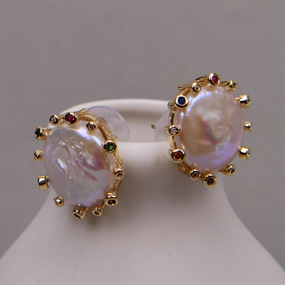 GG Cultured White Coin Keshi Pearl Stud Earrings CZ Pave Gold Plated Earring For Women Valentines Day Jewelry