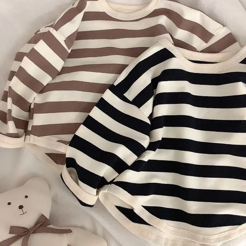 Spring Kids Striped Long Sleeves T-shirt Toddler Girl Loose Bottoming Shirt Boy Baby Casual Tops Fashion Children Cotton Tees