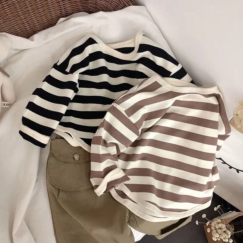 Spring Kids Striped Long Sleeves T-shirt Toddler Girl Loose Bottoming Shirt Boy Baby Casual Tops Fashion Children Cotton Tees